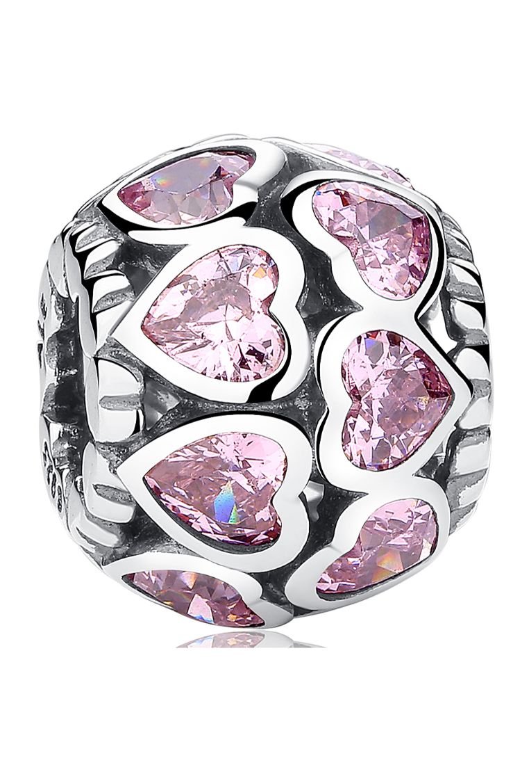 925 Signature 925 SIGNATURE Solid 925 Sterling Silver Explosion Pink Heart CZ Charm