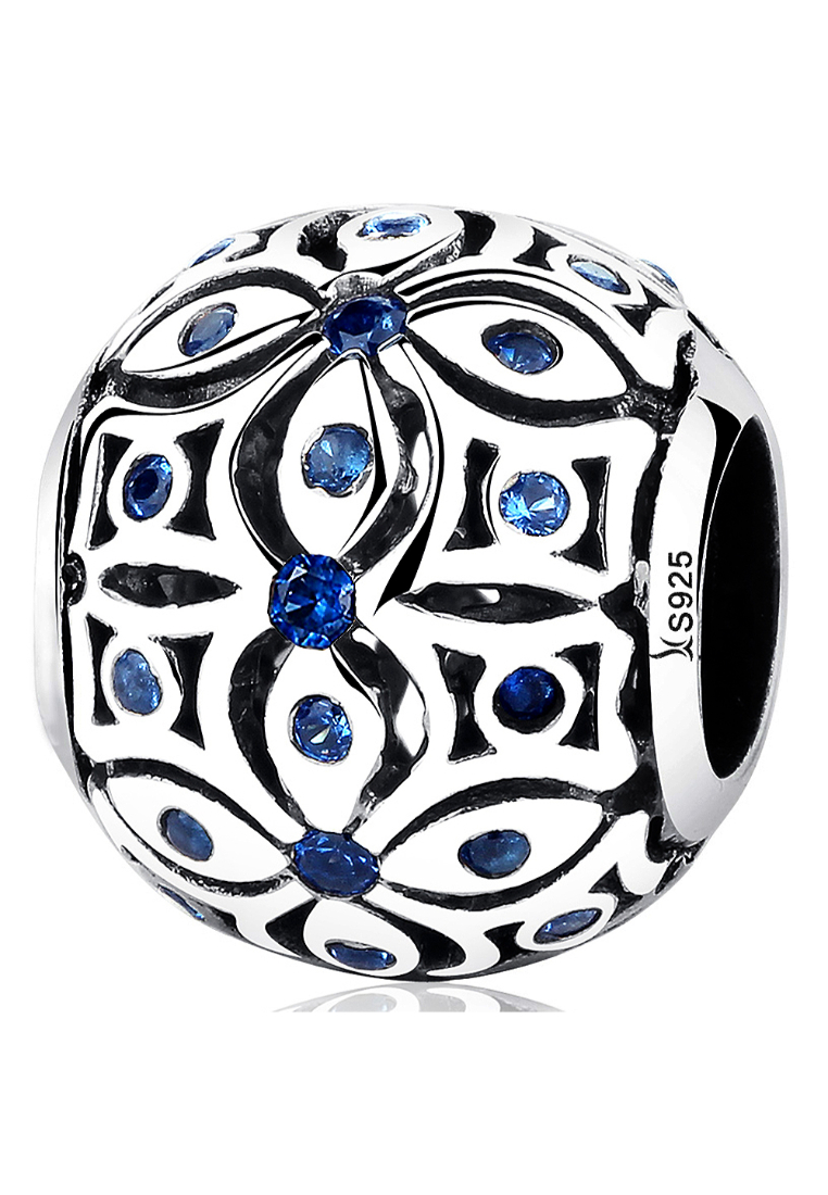 925 Signature 925 SIGNATURE Solid 925 Sterling Silver Floral with Sapphire Blue CZ Charm