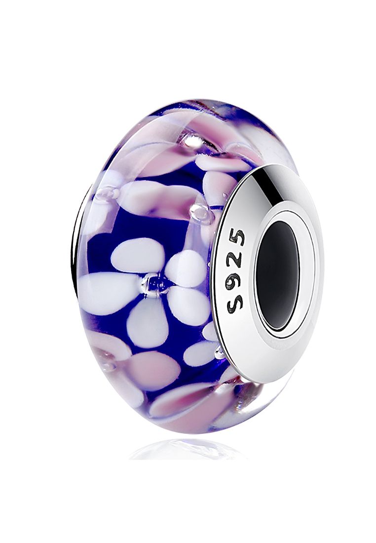 925 Signature 925 SIGNATURE Solid 925 Sterling Silver Pink and White Blossom Inclusion Murano Glass Charm