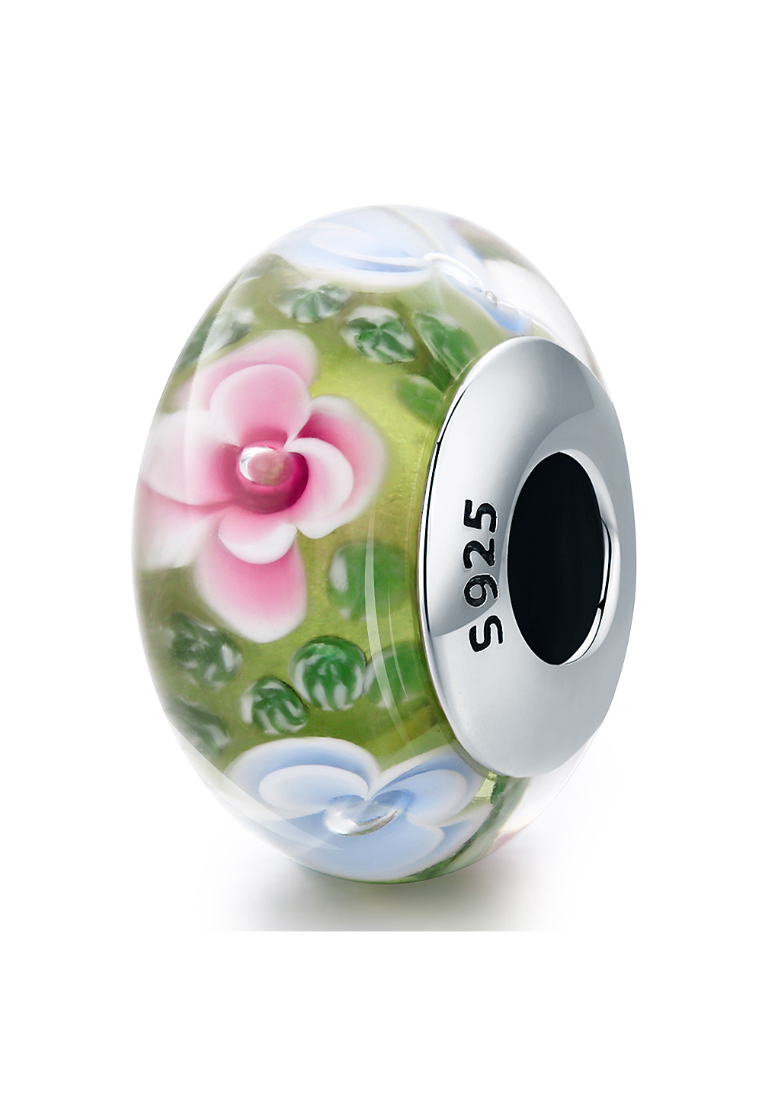 925 Signature 925 SIGNATURE Solid 925 Sterling Silver Pink and Light Blue Blossom Inclusion Green Murano Glass Charm