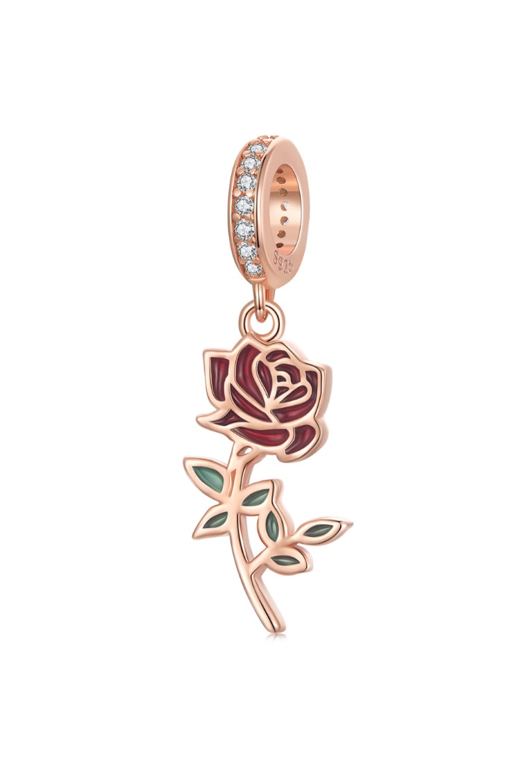 925 SIGNATURE Solid 925 Signature Silver Blooming Rose Charm In Rose Gold