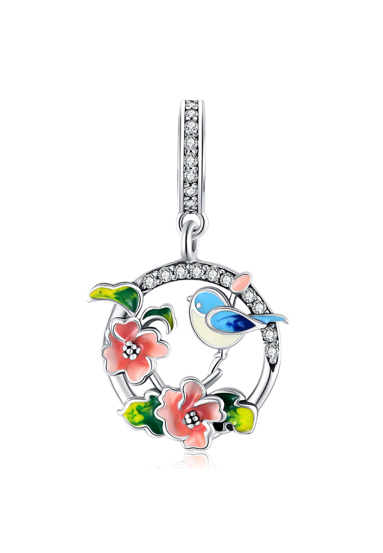 925 Signature 925 SIGNATURE Solid 925 Sterling Silver Blue Lovebird Floral Charm
