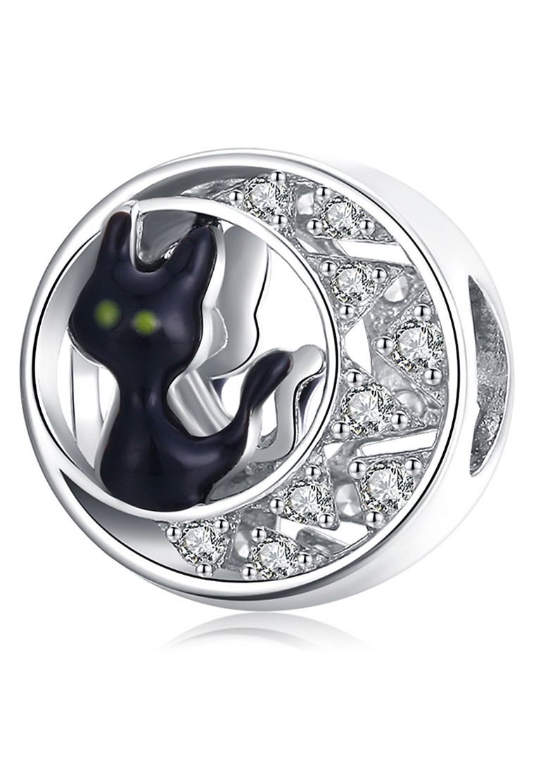 925 Signature 925 SIGNATURE Solid 925 Sterling Silver Black Cat Over the Moon Charm
