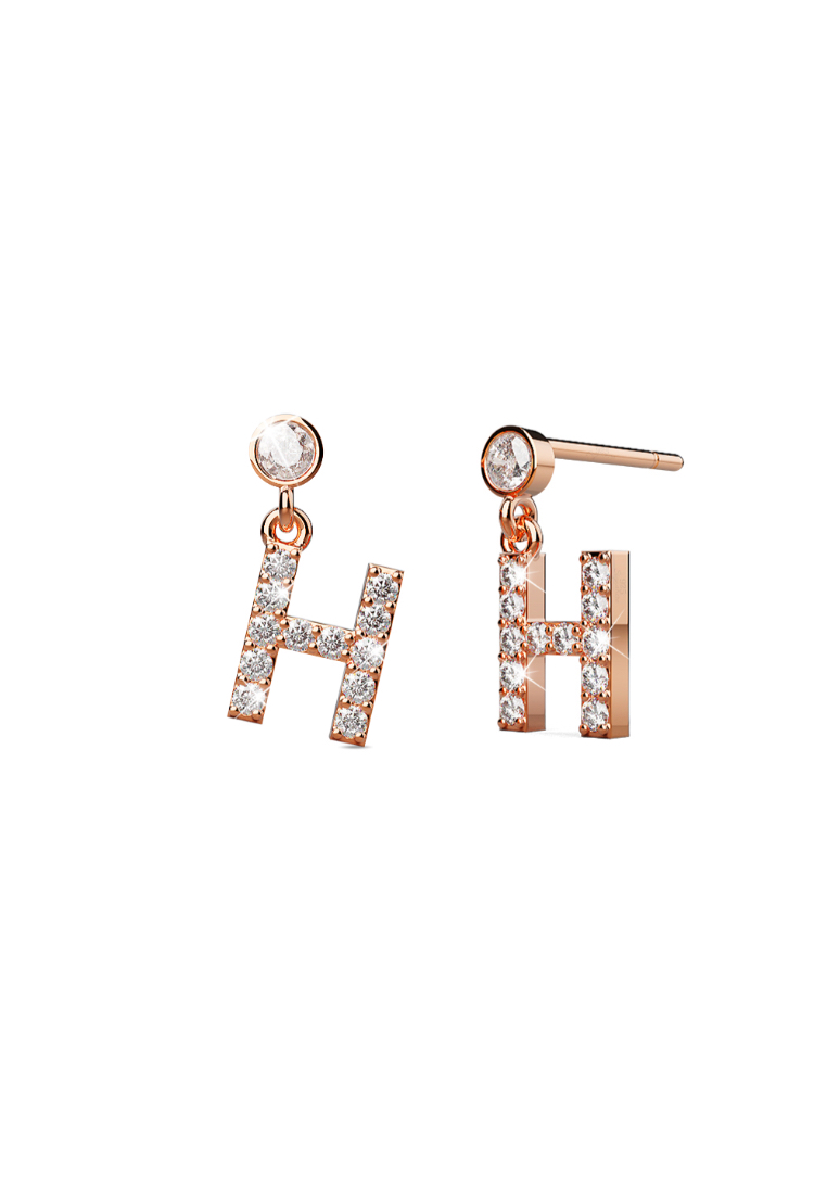 925 Signature 925 SIGNATURE Solid 925 Sterling Silver Initial Crystal Personalised Alphabet Letter Earrings Rose Gold - H - Default