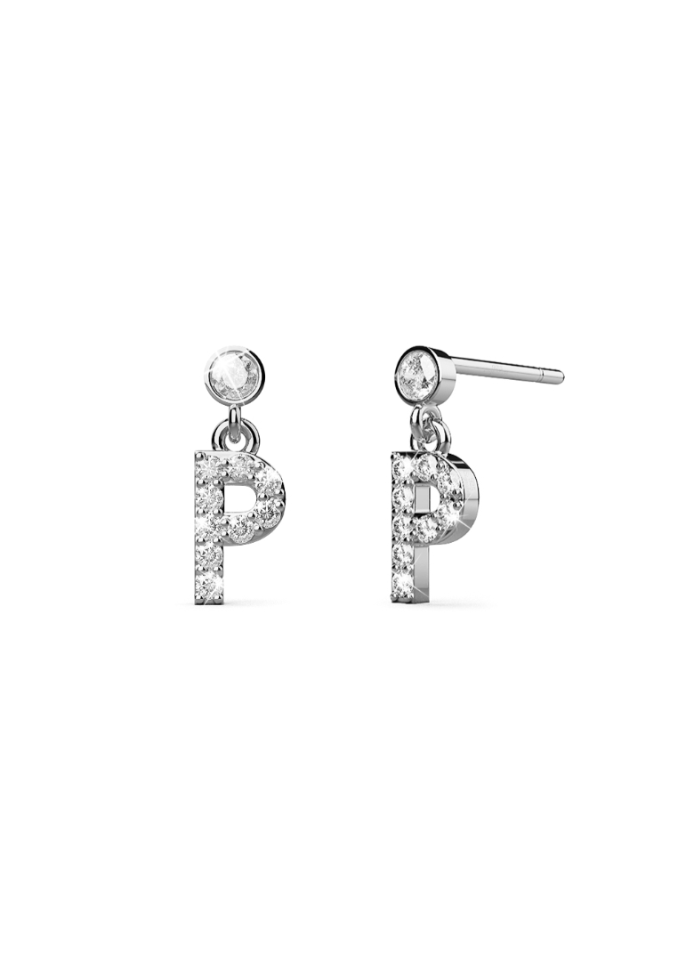 925 Signature 925 SIGNATURE Solid 925 Sterling Silver Initial Crystal Personalised Alphabet Letter Earrings - P