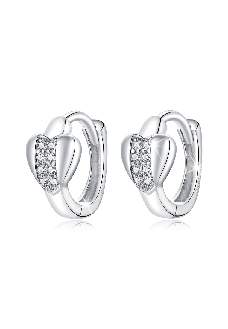 925 Signature 925 SIGNATURE Solid 925 Sterling Silver Cubic Zirconia Middle Paved Heart Shaped Hoop Earrings