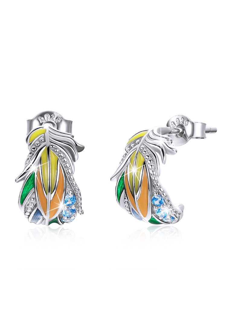 925 Signature 925 SIGNATURE Solid 925 Sterling Silver Colourful Style Feather Stud Earrings