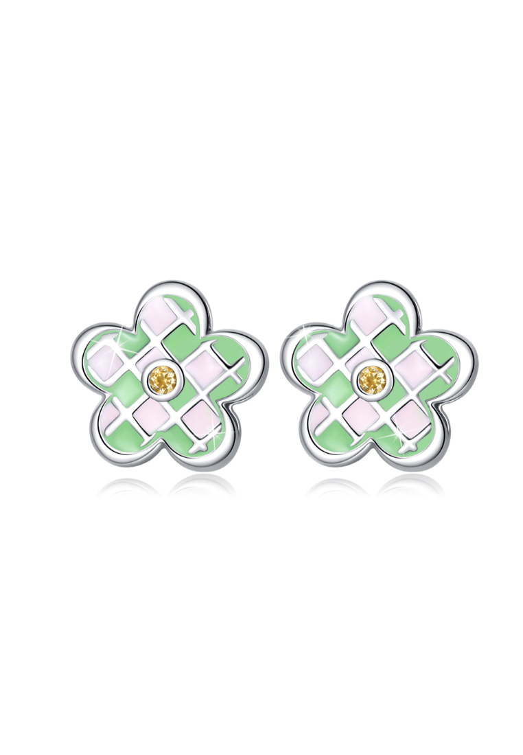 925 Signature 925 SIGNATURE Solid 925 Sterling Silver Checked Green Flower Studs