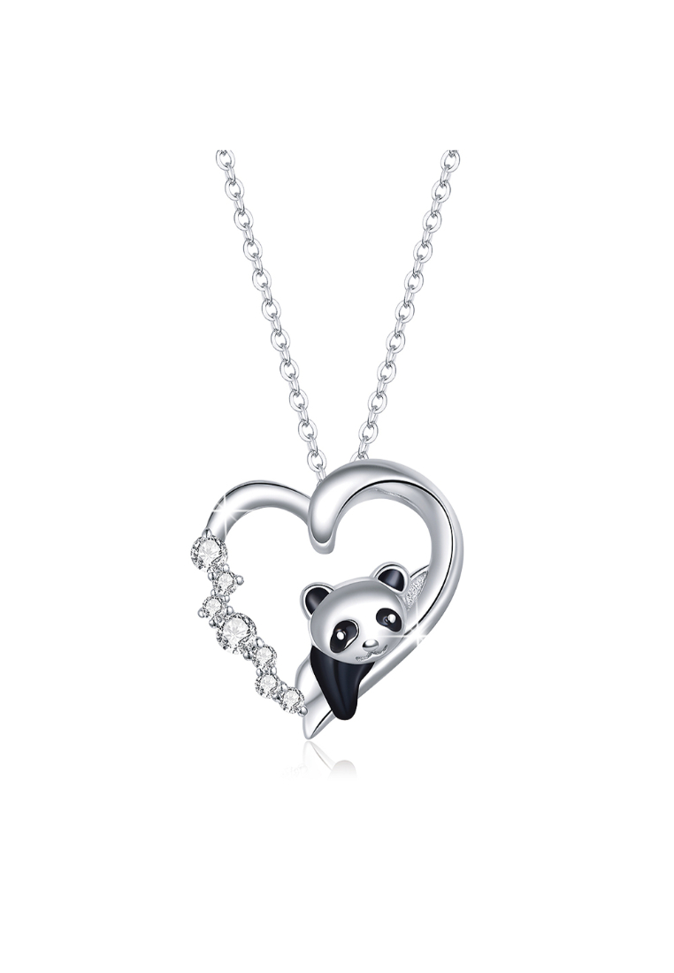 925 Signature 925 SIGNATURE Solid 925 Sterling Silver Zircon Heart Shaped Baby Panda Necklace