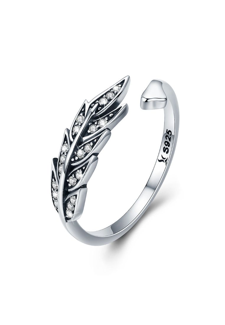925 Signature 925 SIGNATURE Solid 925 Sterling Silver Antiqued Angel Feather Ring