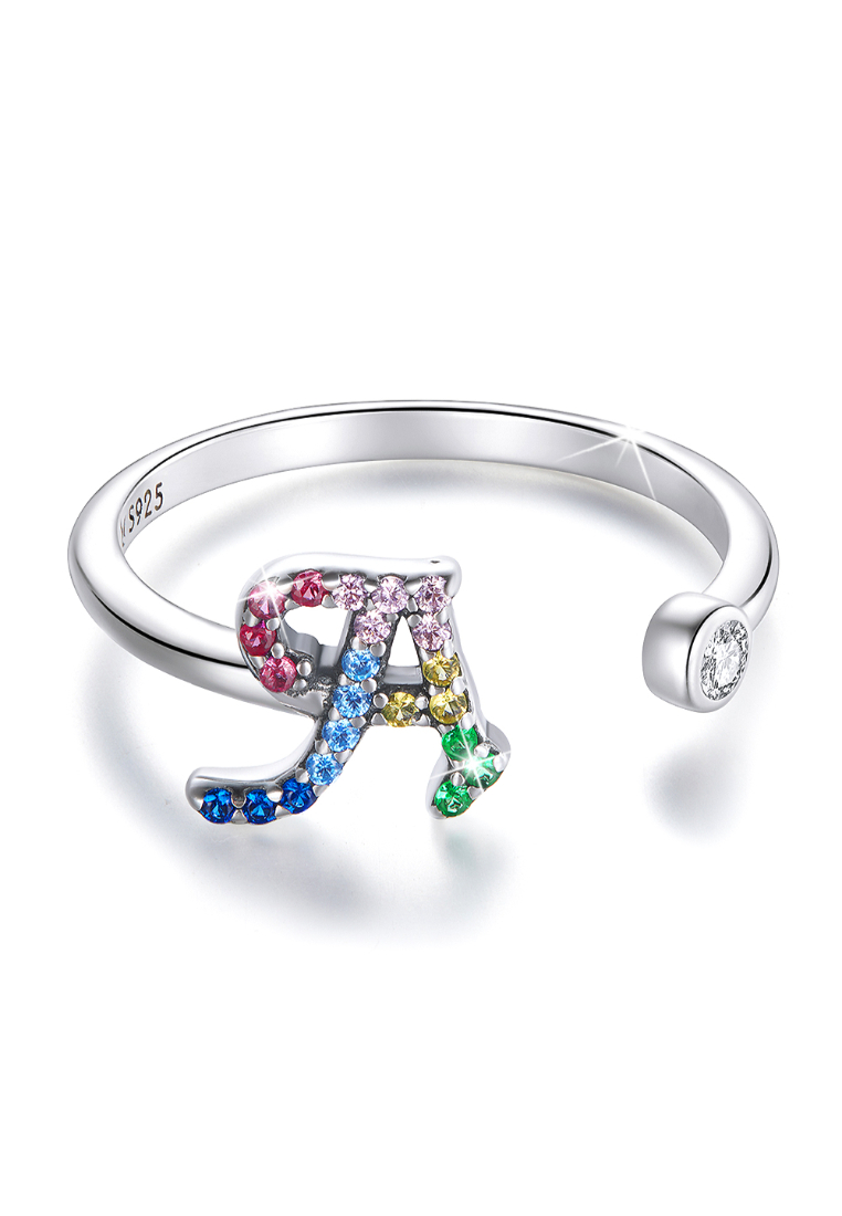 925 Signature 925 SIGNATURE Solid 925 Sterling Silver Colourful Rainbow Alphabet Letter Adjustable Rings - A