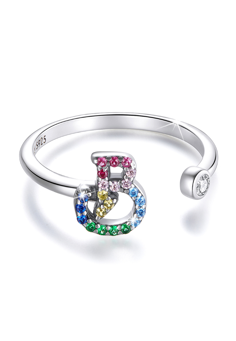 925 Signature 925 SIGNATURE Solid 925 Sterling Silver Colourful Rainbow Alphabet Letter Adjustable Rings - B