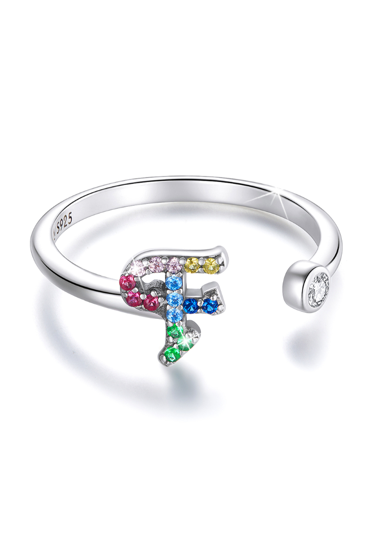 925 Signature 925 SIGNATURE Solid 925 Sterling Silver Colourful Rainbow Alphabet Letter Adjustable Rings - F