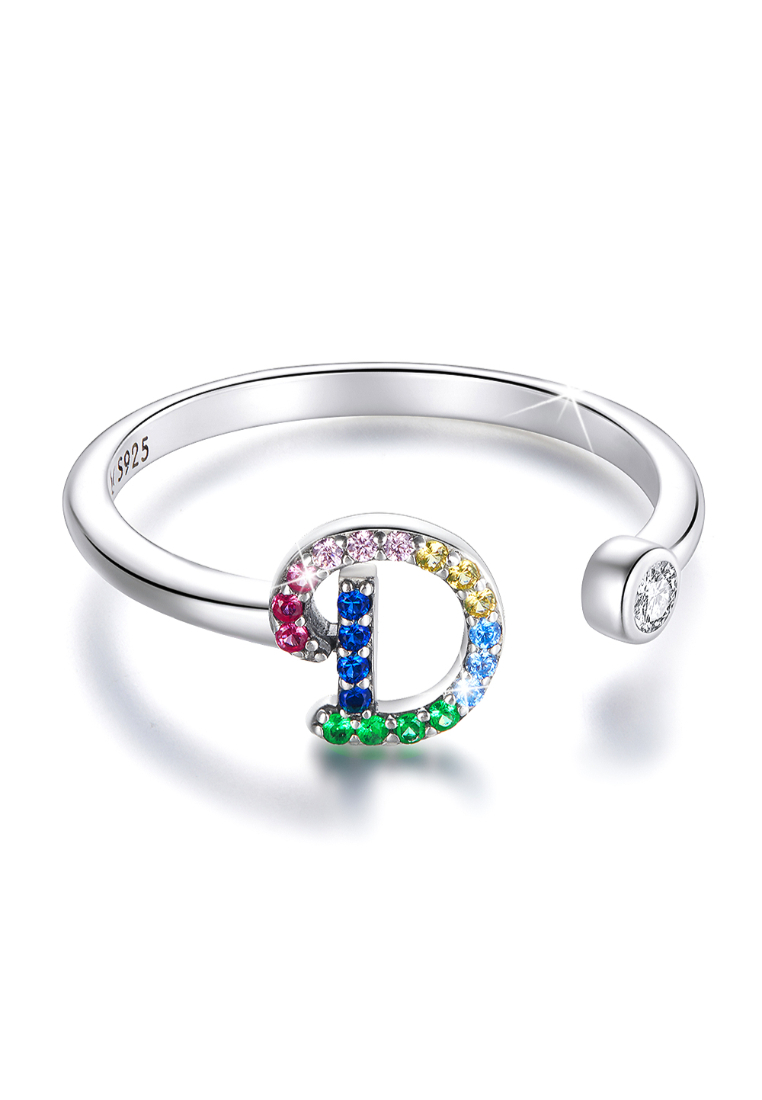 925 Signature 925 SIGNATURE Solid 925 Sterling Silver Colourful Rainbow Alphabet Letter Adjustable Rings - D