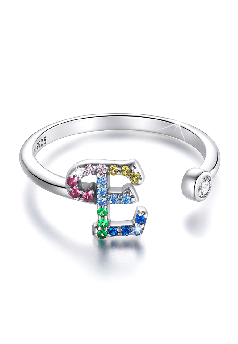 925 Signature 925 SIGNATURE Solid 925 Sterling Silver Colourful Rainbow Alphabet Letter Adjustable Rings - E