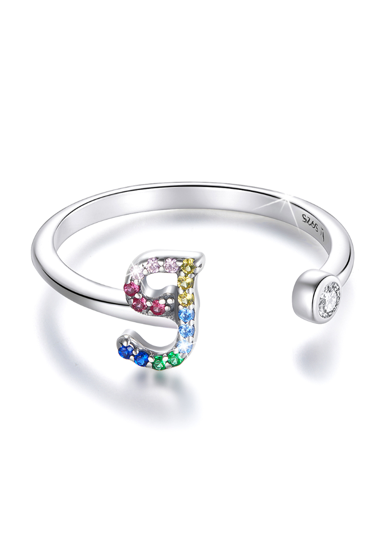 925 Signature 925 SIGNATURE Solid 925 Sterling Silver Colourful Rainbow Alphabet Letter Adjustable Rings - J
