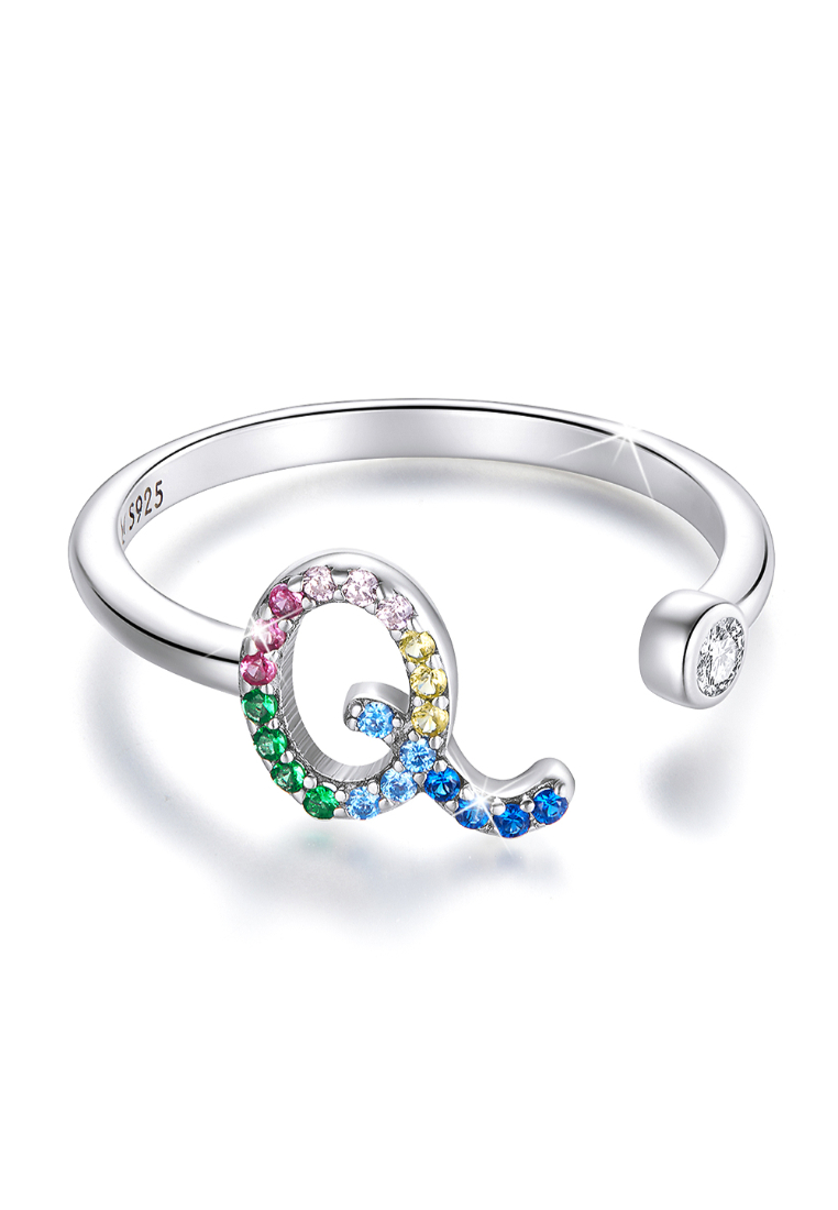 925 Signature 925 SIGNATURE Solid 925 Sterling Silver Colourful Rainbow Alphabet Letter Adjustable Rings - Q