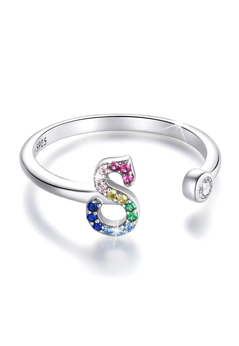 925 Signature 925 SIGNATURE Solid 925 Sterling Silver Colourful Rainbow Alphabet Letter Adjustable Rings - S