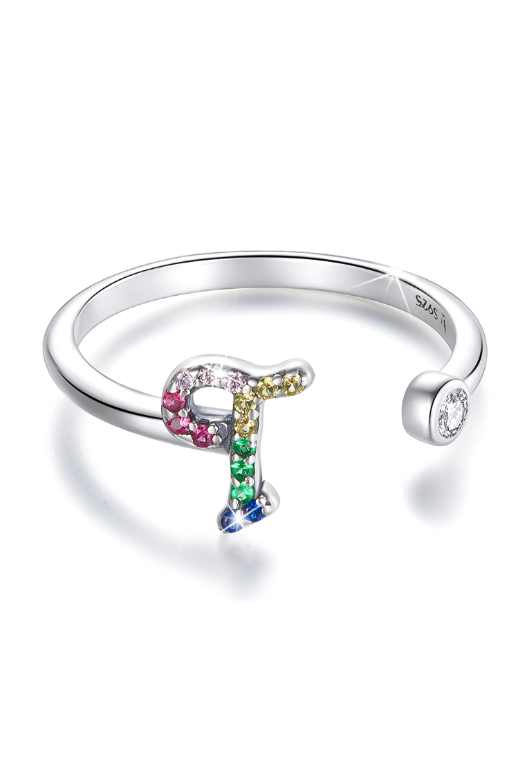 925 Signature 925 SIGNATURE Solid 925 Sterling Silver Colourful Rainbow Alphabet Letter Adjustable Rings - T