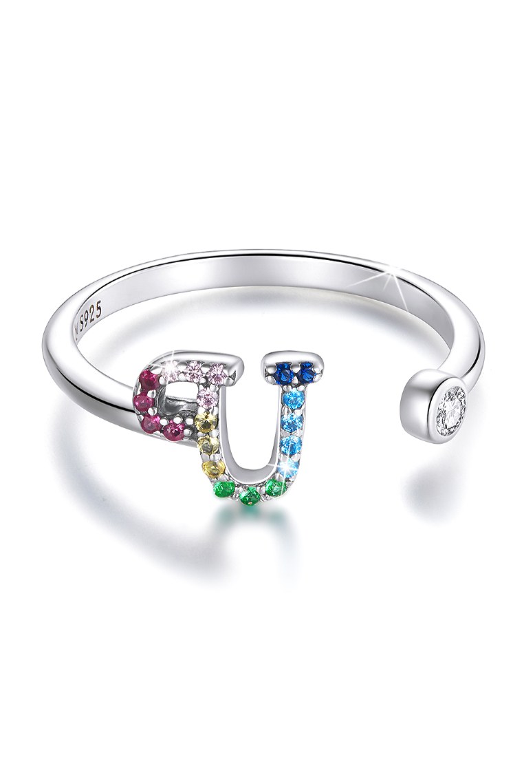 925 Signature 925 SIGNATURE Solid 925 Sterling Silver Colourful Rainbow Alphabet Letter Adjustable Rings - U