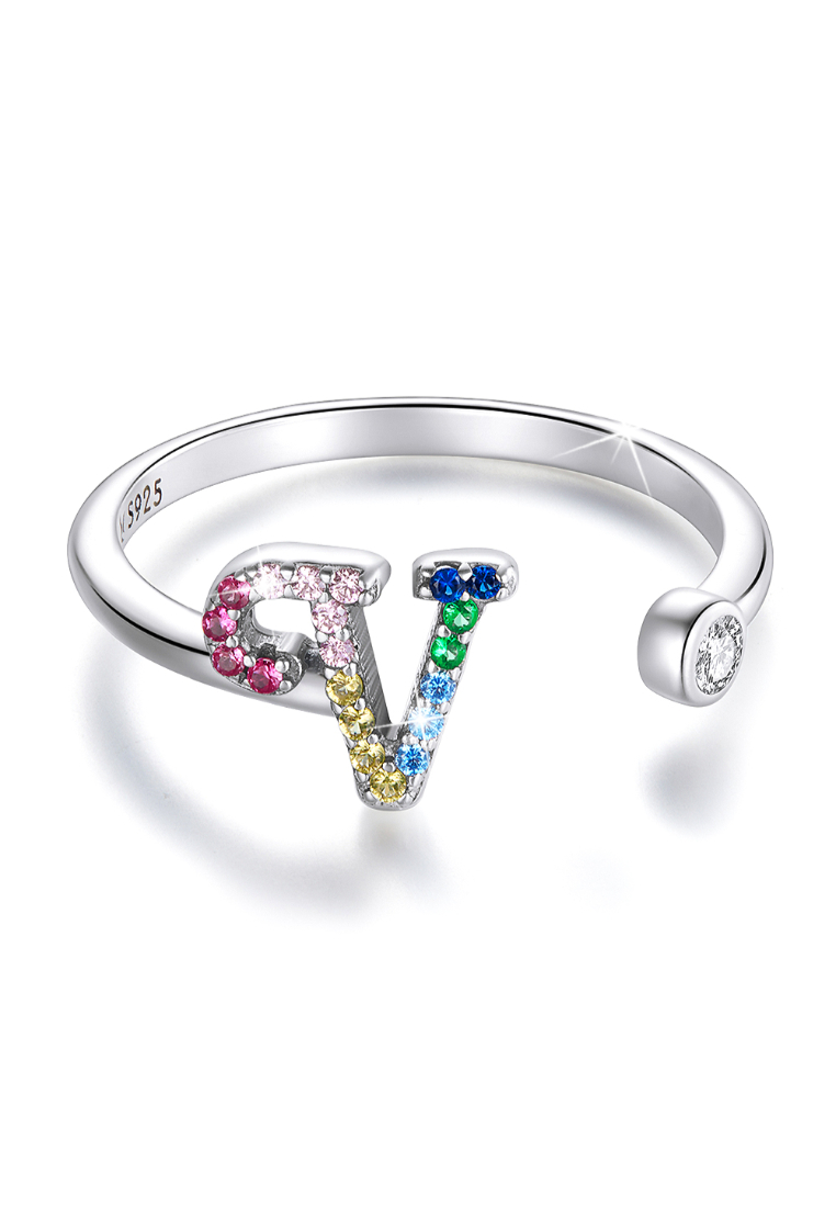 925 Signature 925 SIGNATURE Solid 925 Sterling Silver Colourful Rainbow Alphabet Letter Adjustable Rings - V