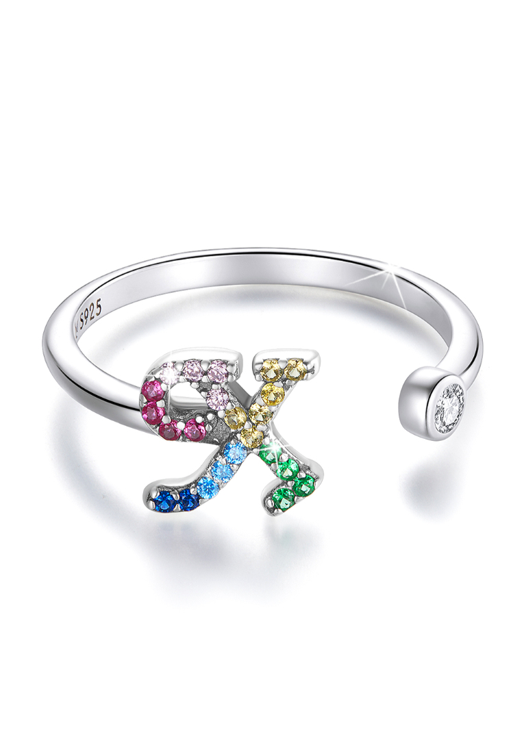 925 Signature 925 SIGNATURE Solid 925 Sterling Silver Colourful Rainbow Alphabet Letter Adjustable Rings - X