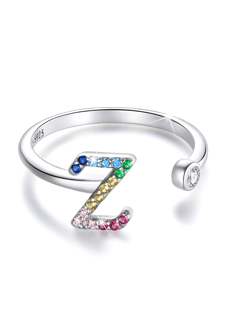 925 Signature 925 SIGNATURE Solid 925 Sterling Silver Colourful Rainbow Alphabet Letter Adjustable Rings - Z