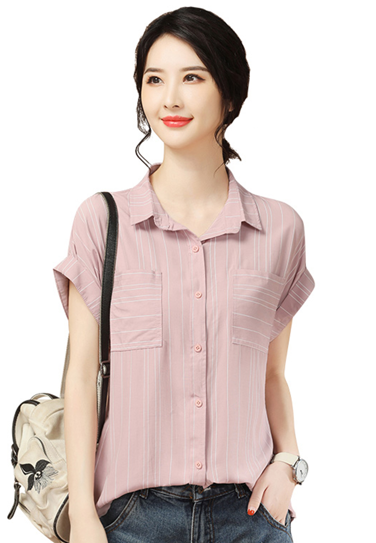 A-IN GIRLS 寬鬆條紋短袖襯衫