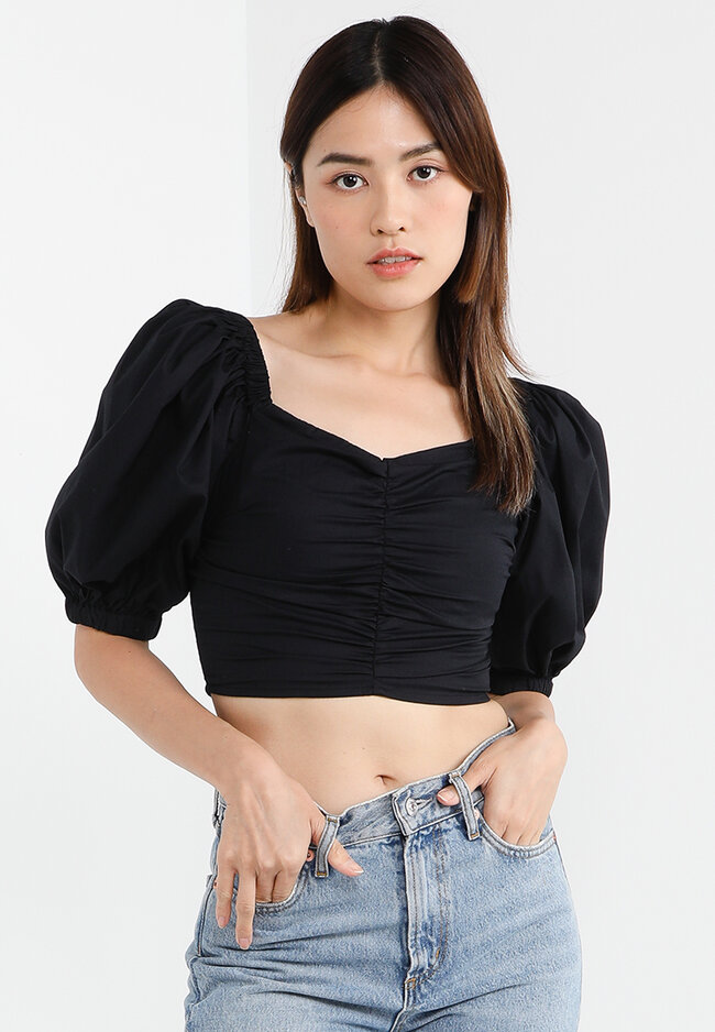 Abercrombie & Fitch Cinched Puff Sleeves Poplin Top