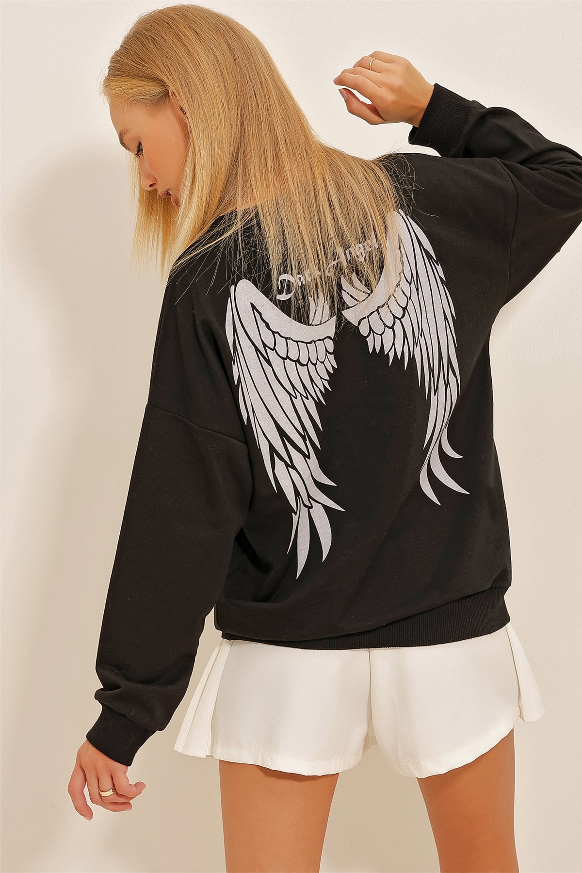 Alacati Black Crew Neck Front And Back Wings Printed Oversize Sweatshirt