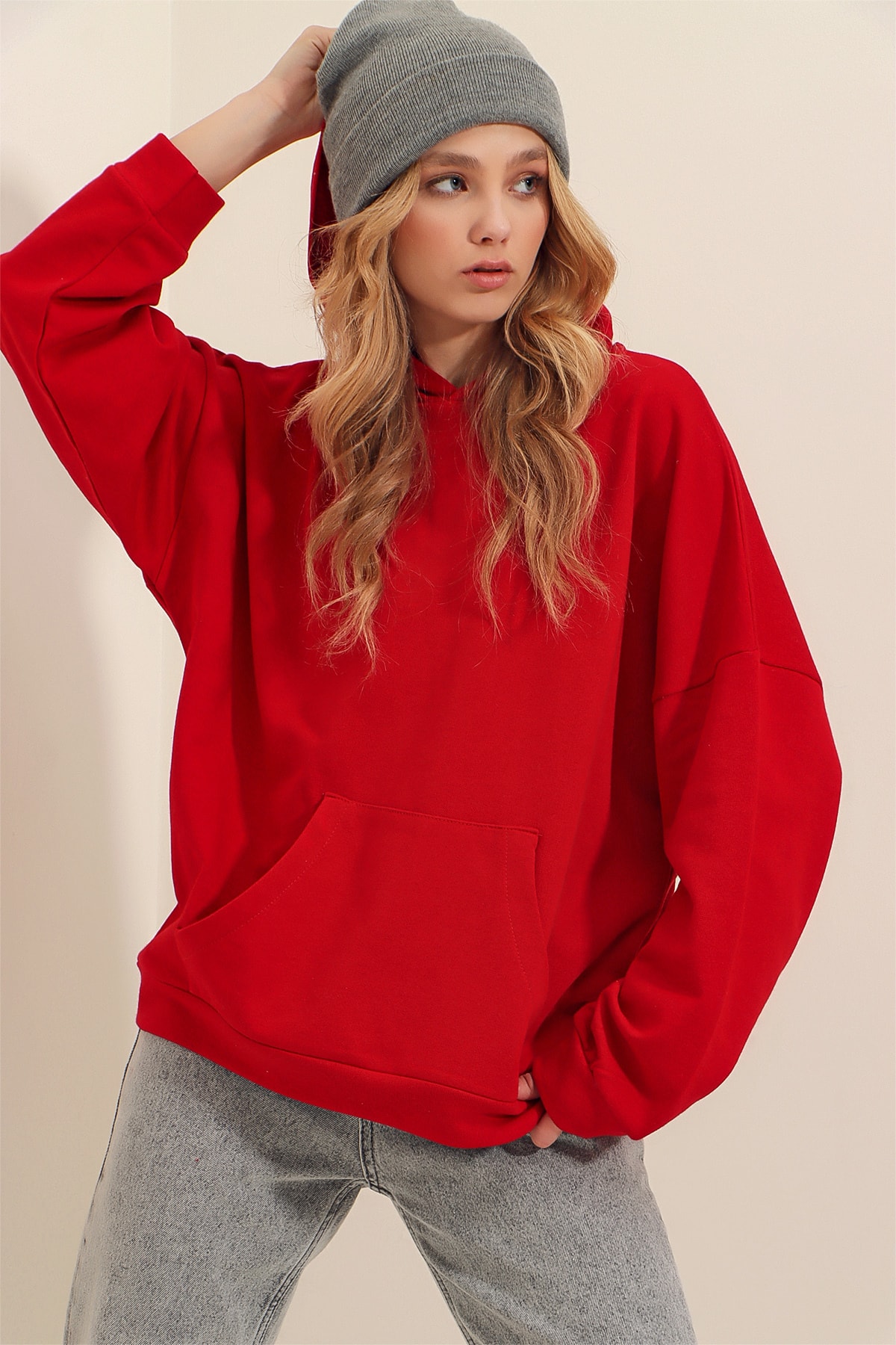 Alacati Red Hoodie with Kangaroo Pocket 3 Thread Thickness Sweatshirt