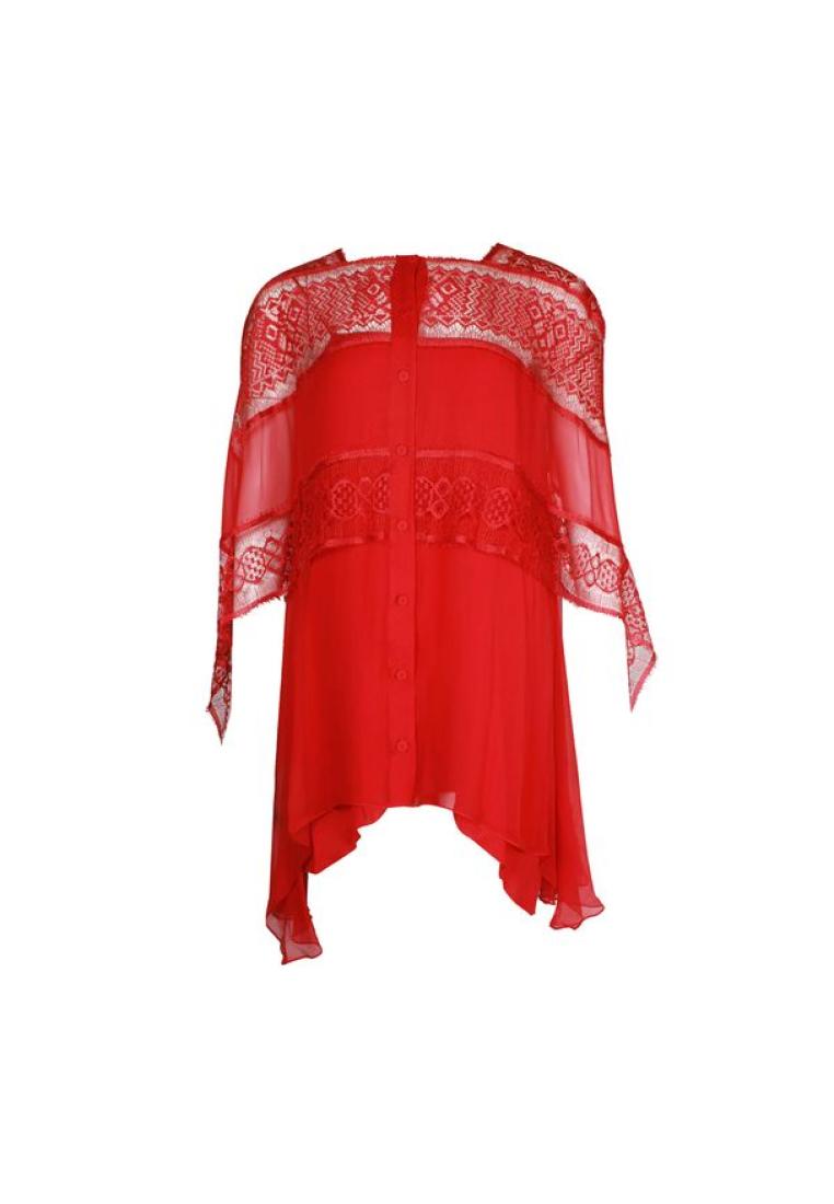 Alberta Ferretti 紅色蕾絲透明襯衫配吊帶