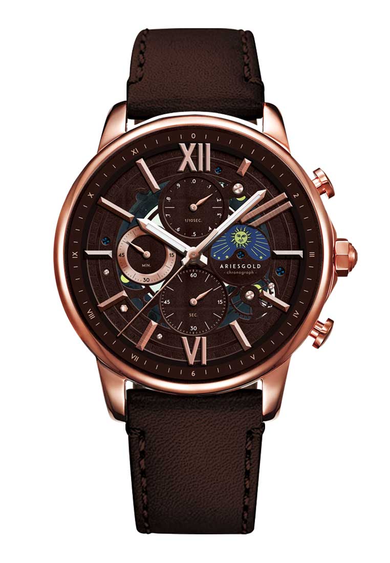 Aries Gold Belfast Moon Rose Gold and Coffee Leather Watch