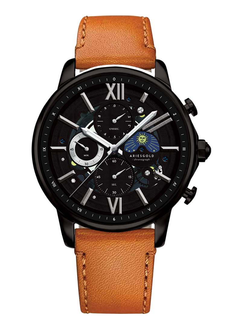 Aries Gold Belfast Moon Black and Tan Leather Watch