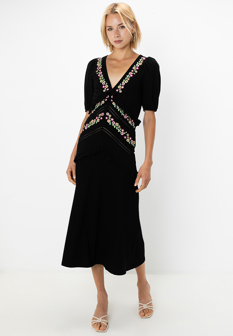 ASOS Design V Neck Midi Dress With Frill Detail And Embroidery