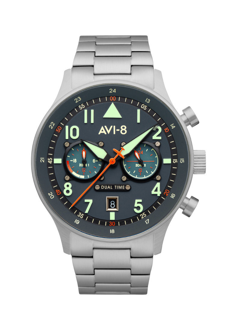 AVI-8 Men's 43.5mm Hawker Hurricane Carey Dual Time Watch With Stainless Steel Solid Stainless Steel Bracelet AV-4088