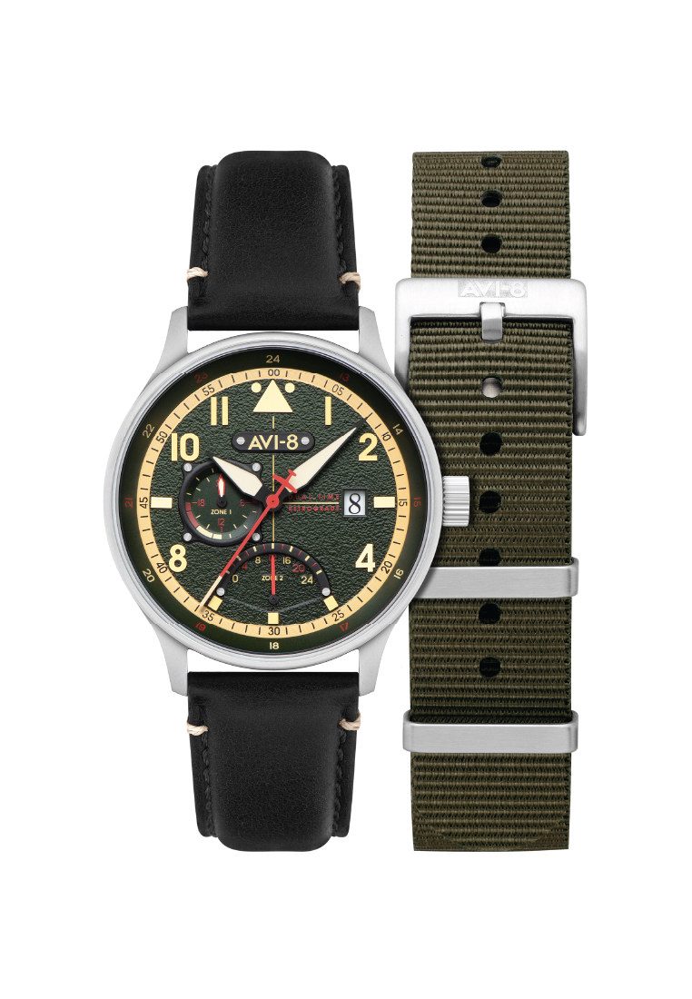 AVI-8 Men's 44mm Hawker Hurricane Mckellar Dual Time Watch With Black Leather Strap AV-4101