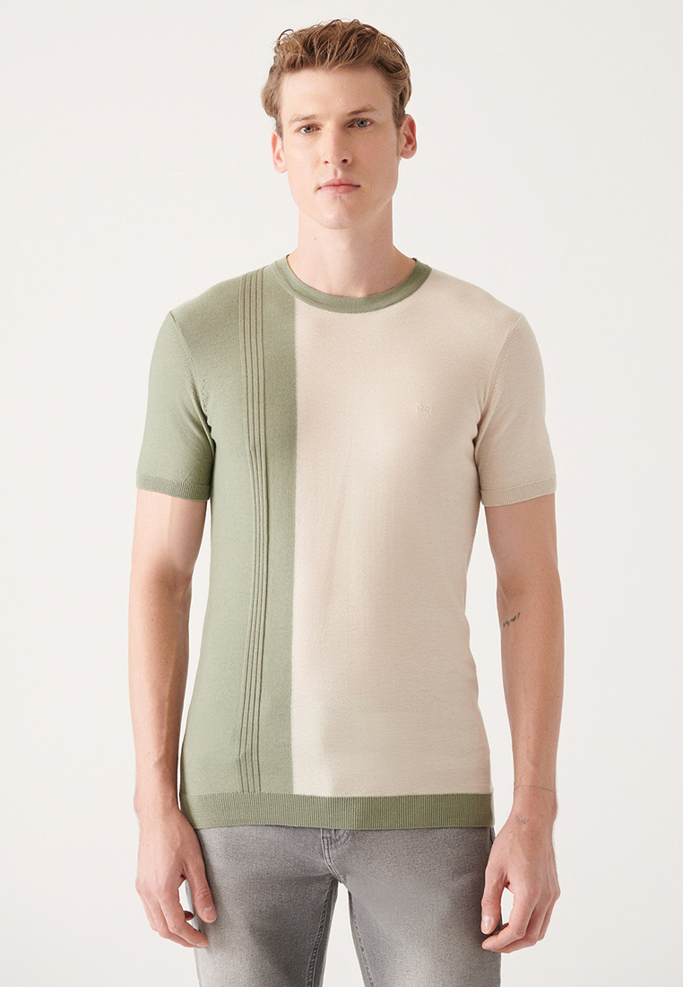 Avva Mens Aqua Green Crew Neck Color Block Ribbed Regular Fit Knitwear T-shirt