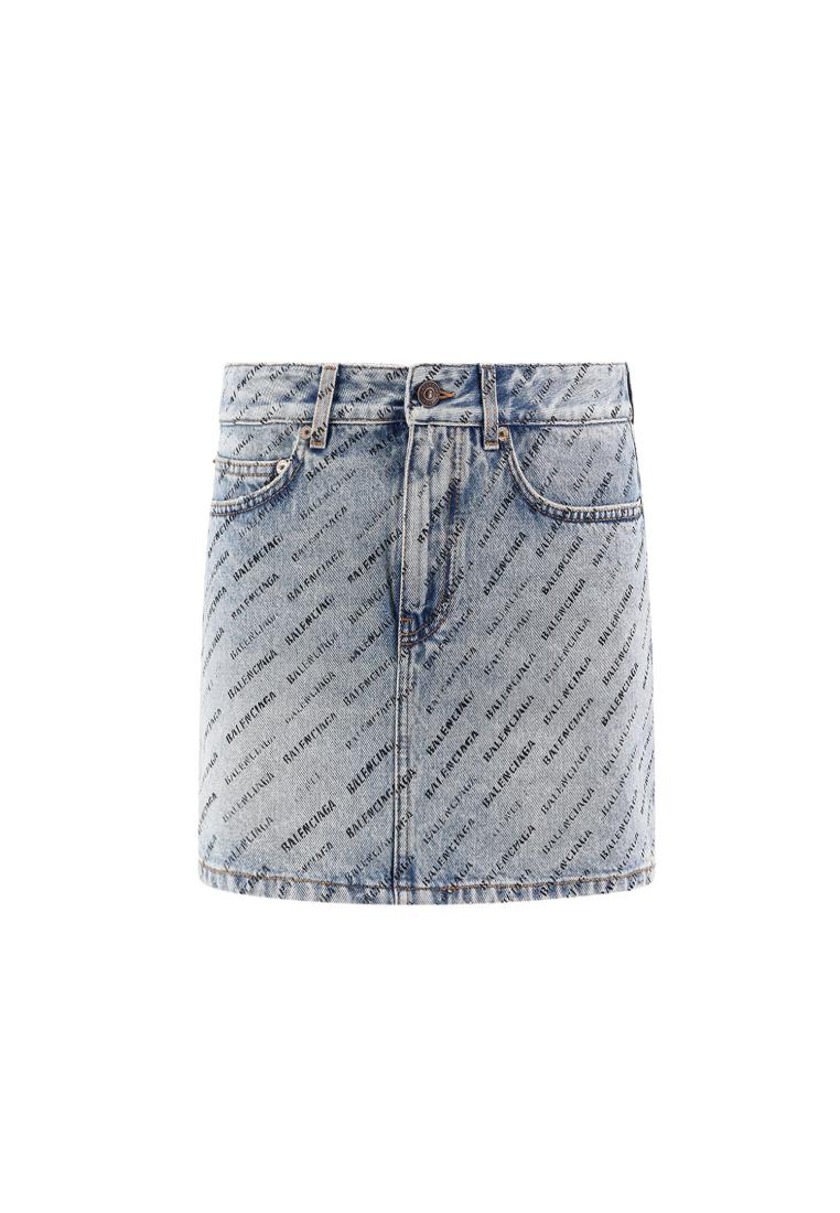 Mini denim skirt with all-over Balenciaga print - BALENCIAGA - Blue