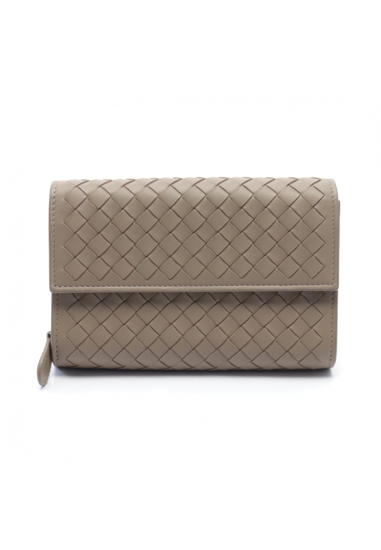 二奢 Pre-loved BOTTEGA VENETA Intrecciato Bi-fold wallet leather Gray beige