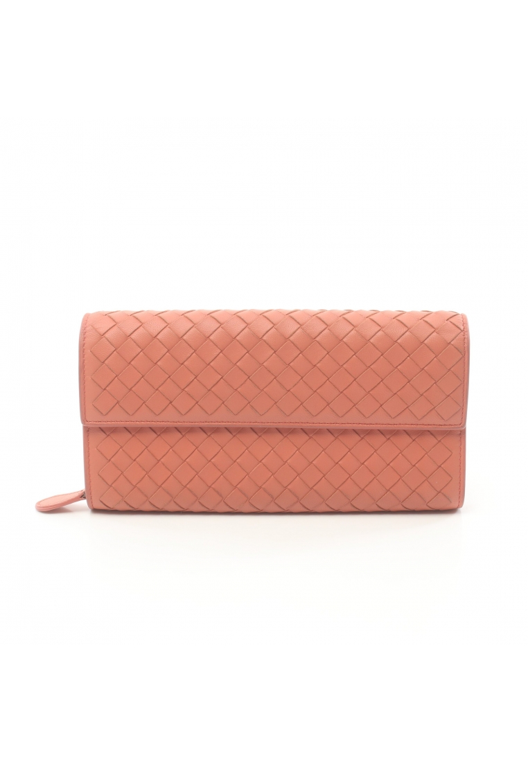 二奢 Pre-loved BOTTEGA VENETA Intrecciato continental wallet Bi-fold Long Wallet leather coral orange