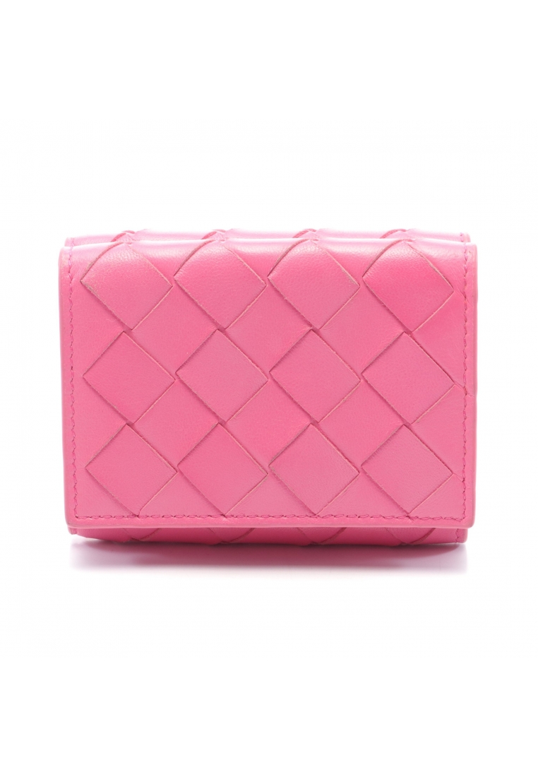 二奢 Pre-loved BOTTEGA VENETA Small tri-fold flap wallet Intrecciato trifold wallet compact wallet leather pink