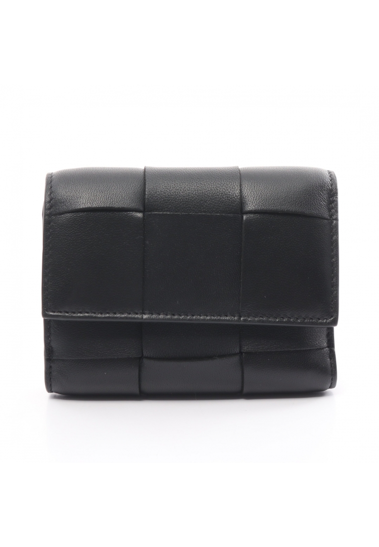 二奢 Pre-loved BOTTEGA VENETA maxi intrecciato Small tri-fold flap wallet trifold wallet leather black