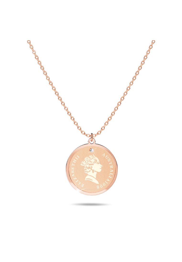 Brilliant Co PASSION JEWELLERY Genuine Single Diamond Set Queen E Medallion Necklace Rose Gold Titanium