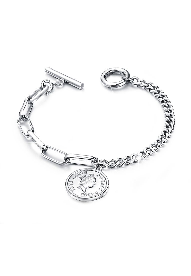 Bullion Gold BULLION GOLD Lucky Coin Charm Toggle Clasp Bracelet in White Gold Layered Steel Jewellery