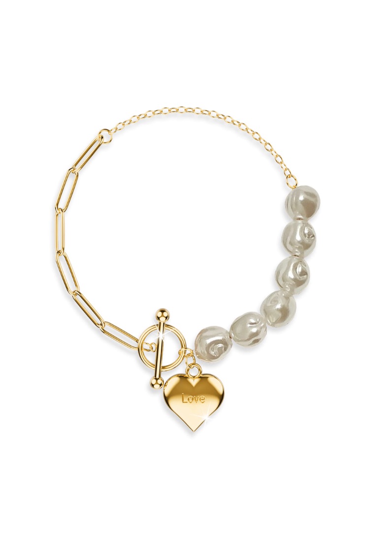 Bullion Gold BULLION GOLD Pearl Paper Clip Chain Heart Gold Layered Stainless Steel Bracelet