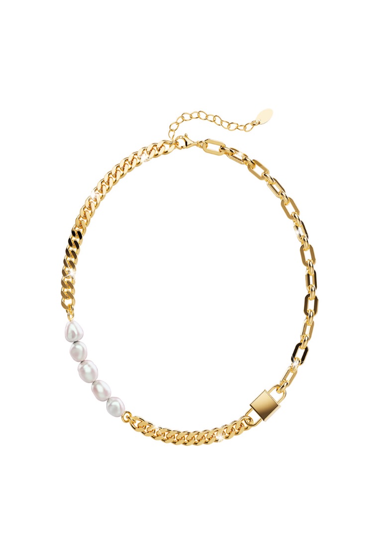 Bullion Gold BULLION GOLD Paperclip Cuban Chain Link Pearl Necklace in Gold