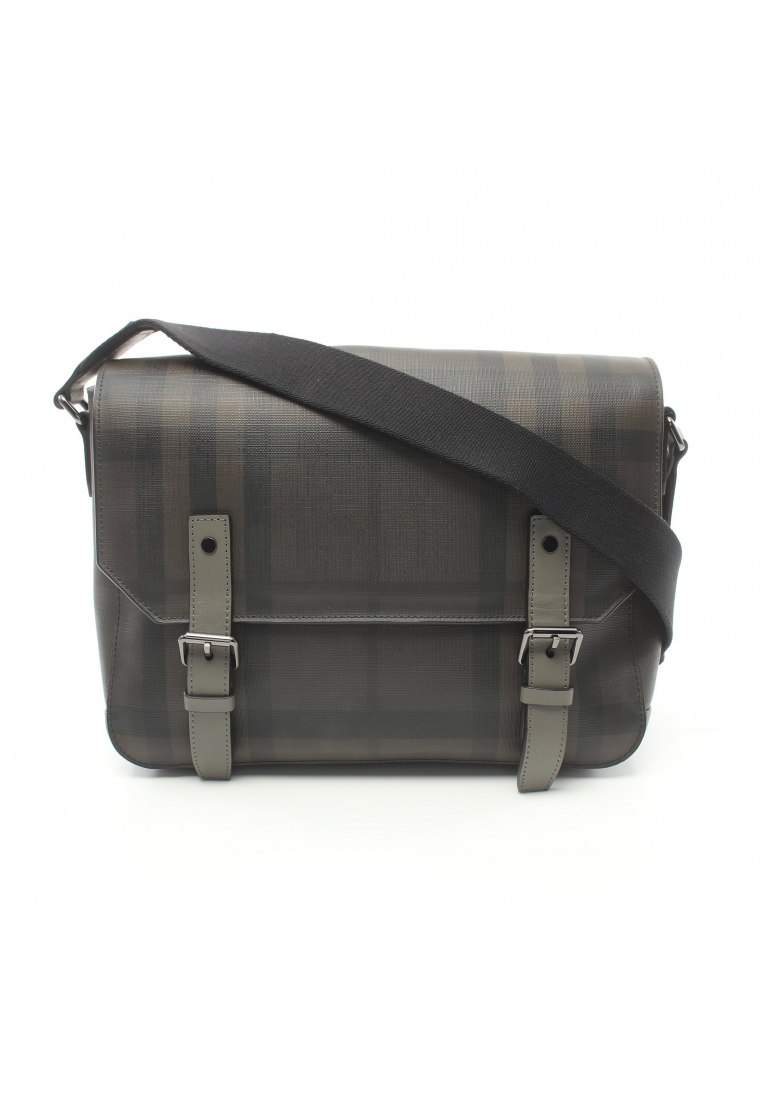 二奢 Pre-loved Burberry Messenger bag Shoulder bag check Coated canvas leather Dark brown gray