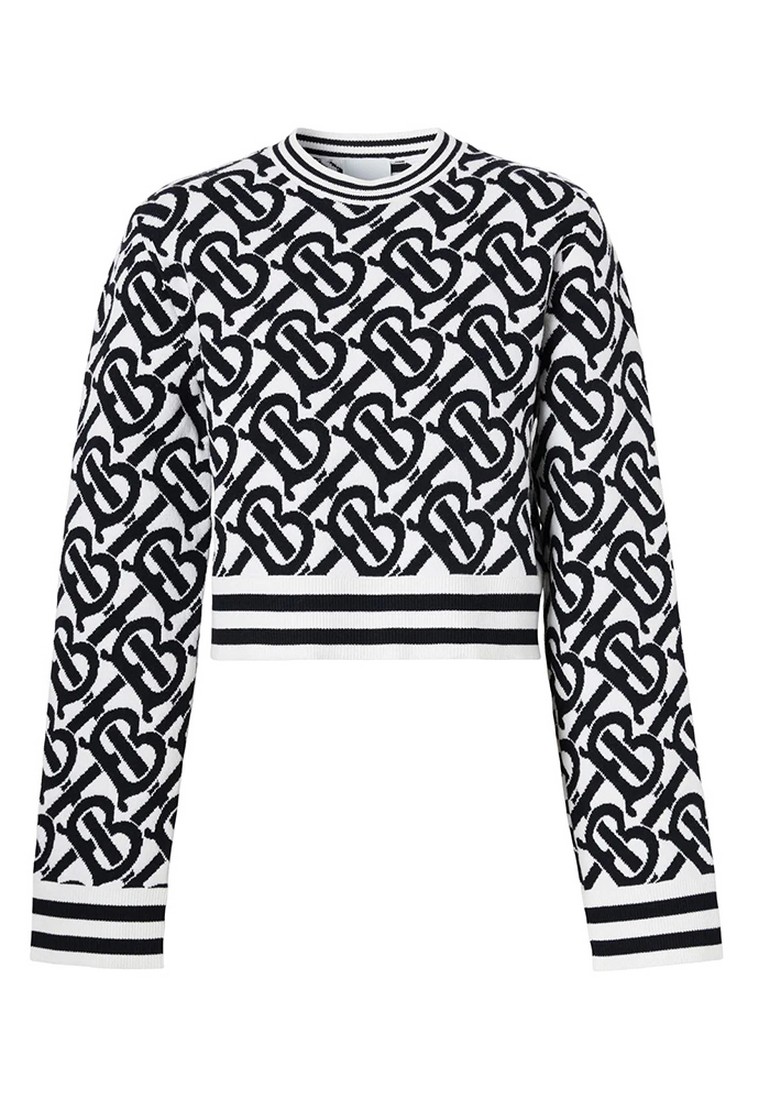 BURBERRY Burberry Monogram Wool Blend Jacquard Cropped 針織毛衣(白色,黑色)