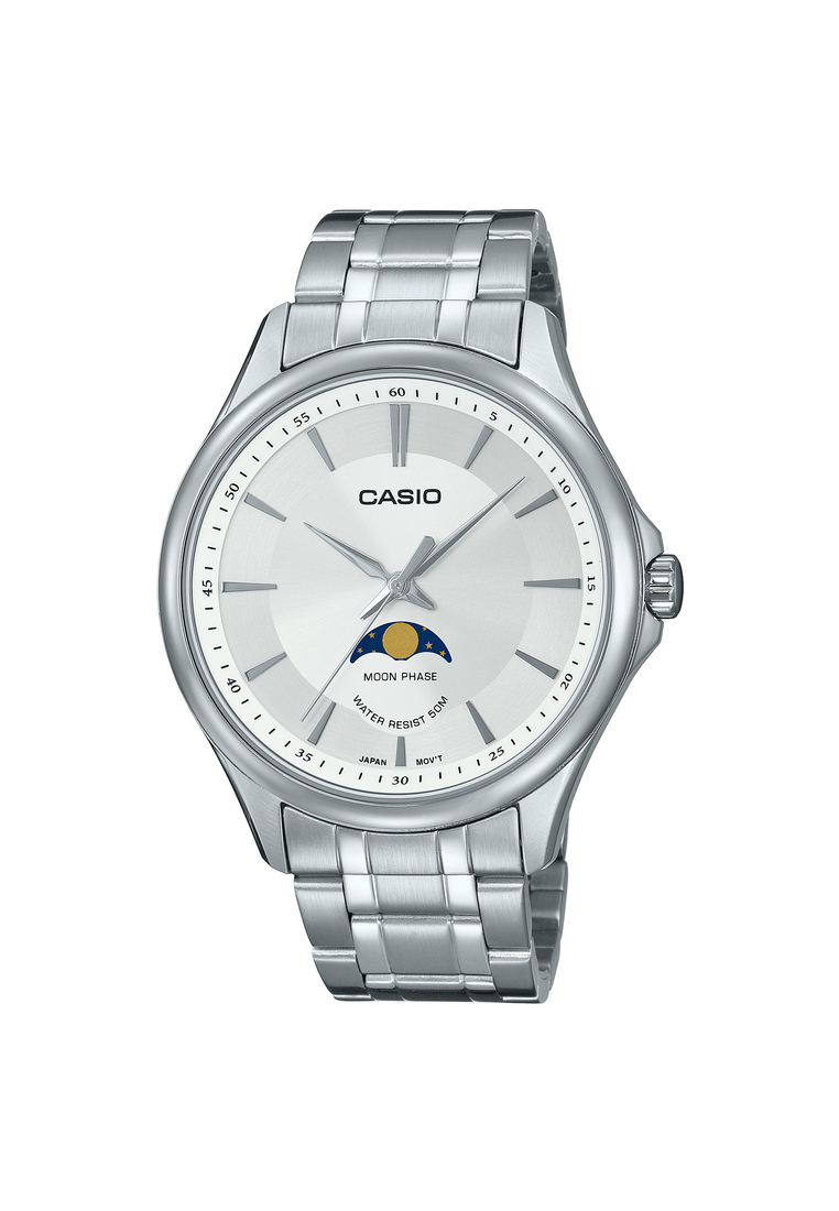 Casio Moon Phase Men's Analog Watch MTP-M100D-7A Silver Stainless Steel Strap
